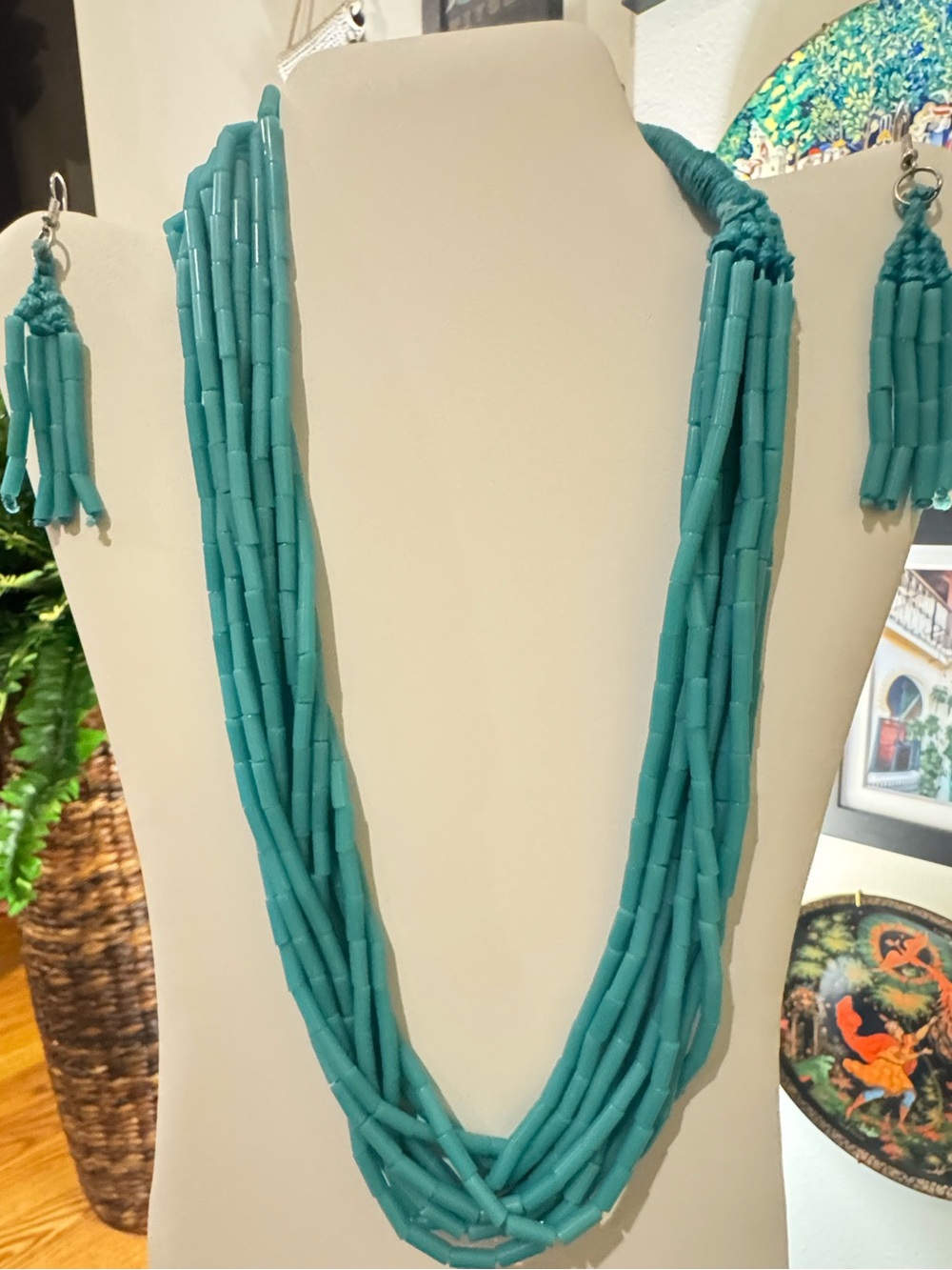 Vintage 70s Boho Heishi bead Multi-Strand Pueblo Wrap Necklace Earrings Set